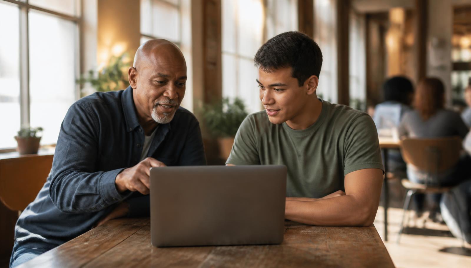 Mentor e imigrante conversando durante uma sessão de mentoria